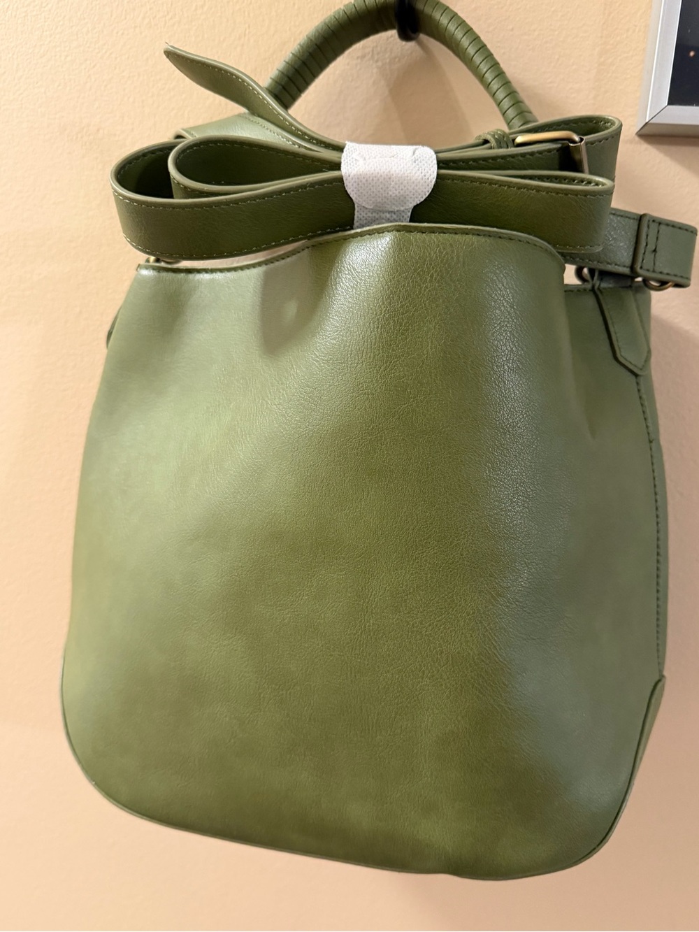 Olive Green Time and Tru Faux Leathee Bucket Bag with Top Handle